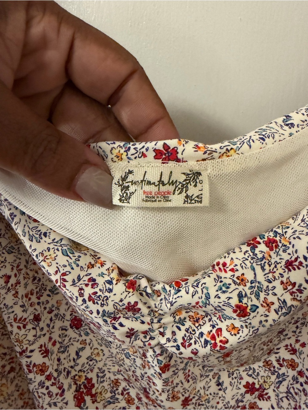 Free People Cream Floral Print Blouse with Red & Blue Accents